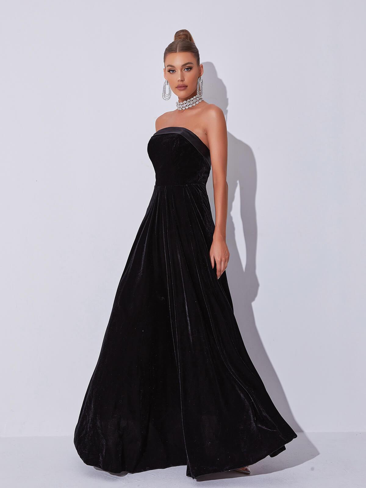 Velvet Strapless Satin Trim Pleated A-Line Maxi Gown