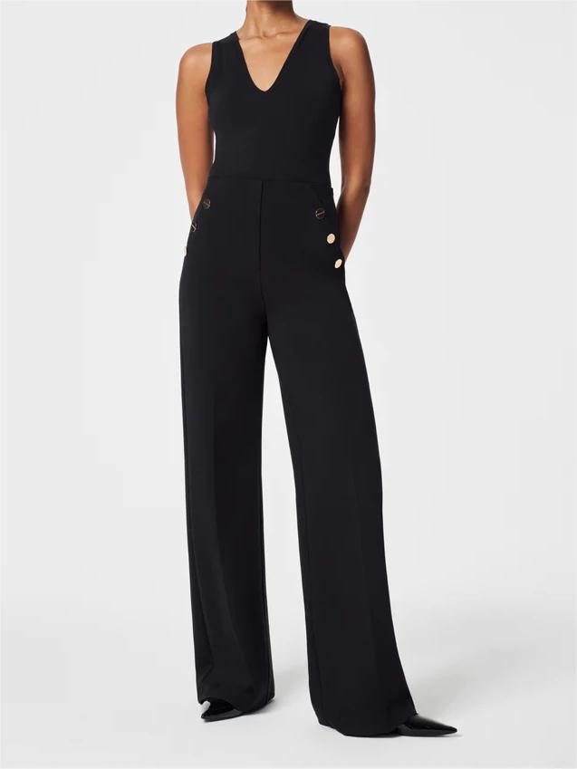 V-Neck Sleeveless Button Detail Wide Leg Jumpsuit