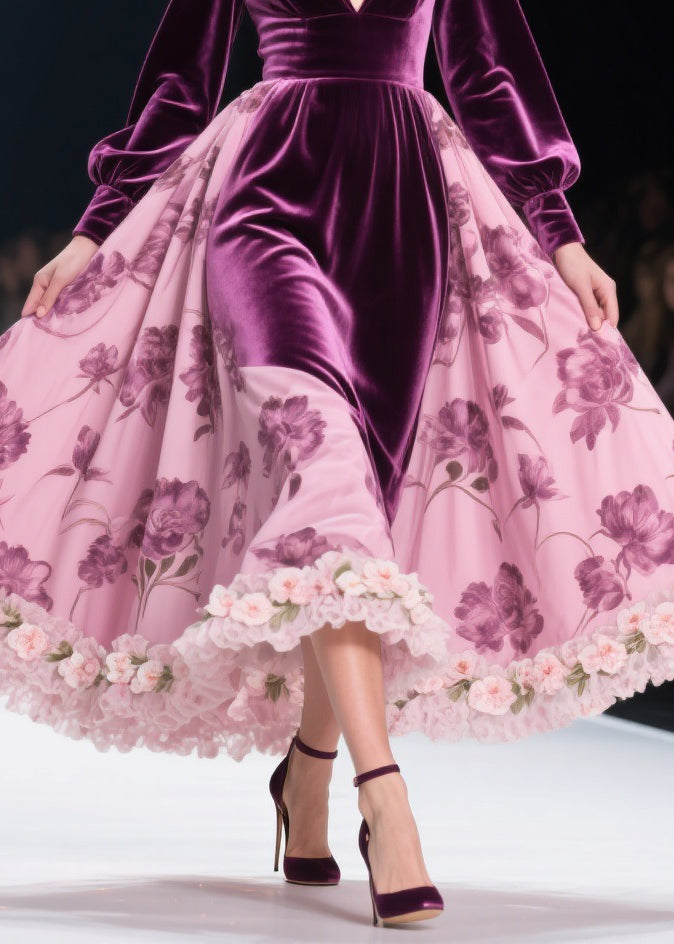 Colorblock Print Lace Floral Silk Velvet Long Dresses Spring
