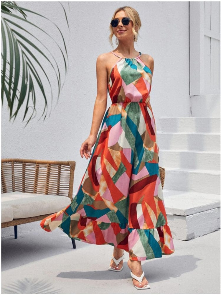 Halter Neck Geometric Print Tiered Maxi Dress
