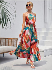 Halter Neck Geometric Print Tiered Maxi Dress
