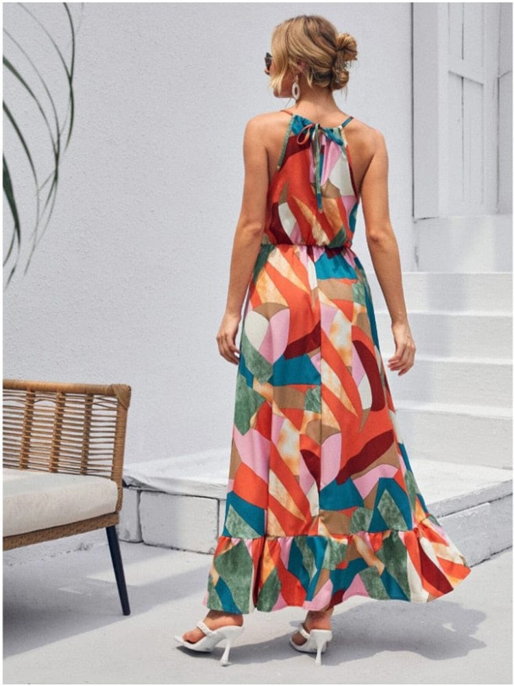 Halter Neck Geometric Print Tiered Maxi Dress 2