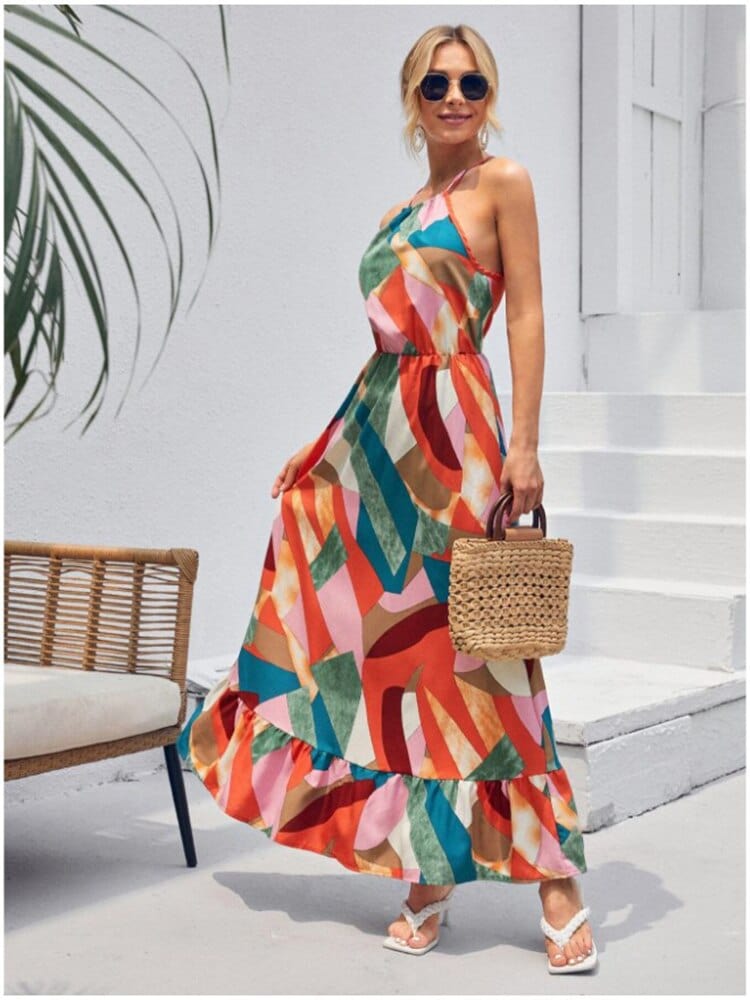 Halter Neck Geometric Print Tiered Maxi Dress 4