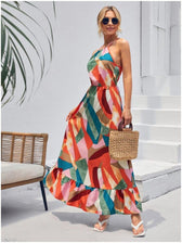 Halter Neck Geometric Print Tiered Maxi Dress 4