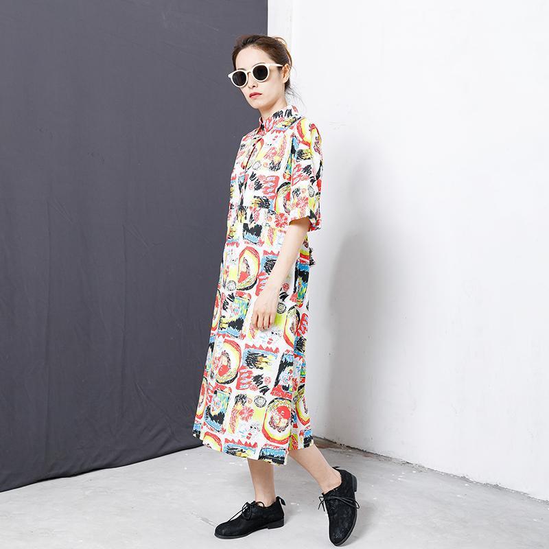 Graphic Print Belted Button Down Collar Oversized Shirt Midi Dress