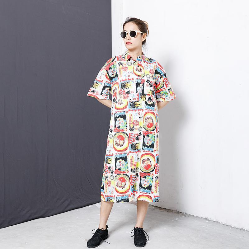 Graphic Print Belted Button Down Collar Oversized Shirt Midi Dress
