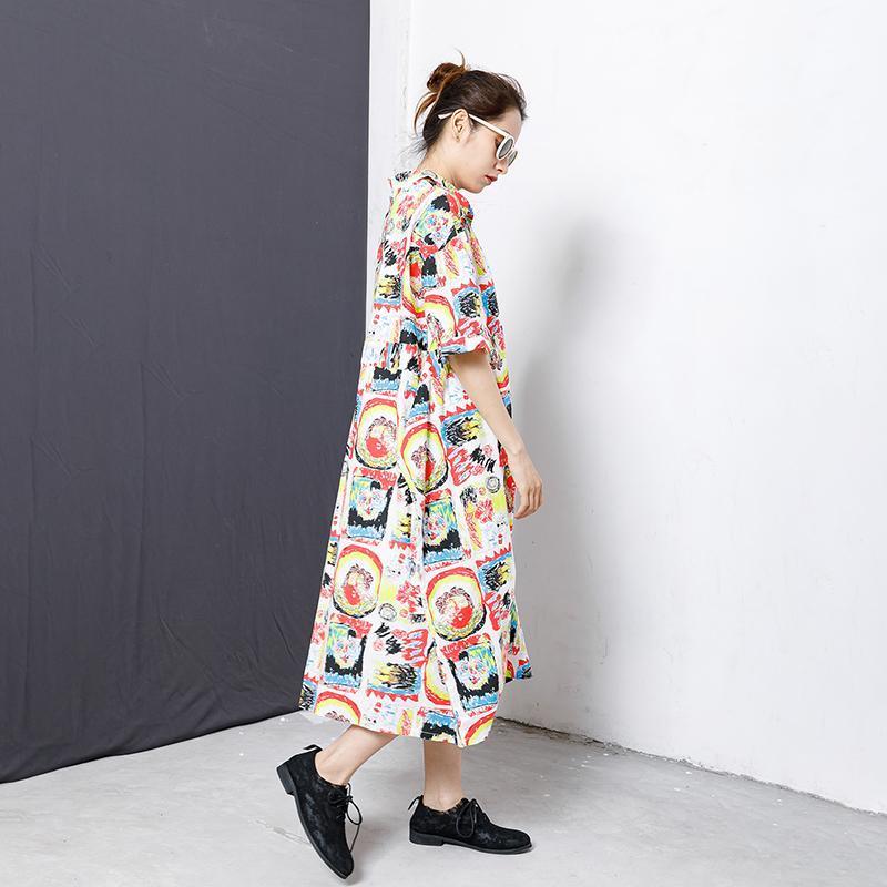 Colorful Graffiti Lacing Split Hem Loose Dress