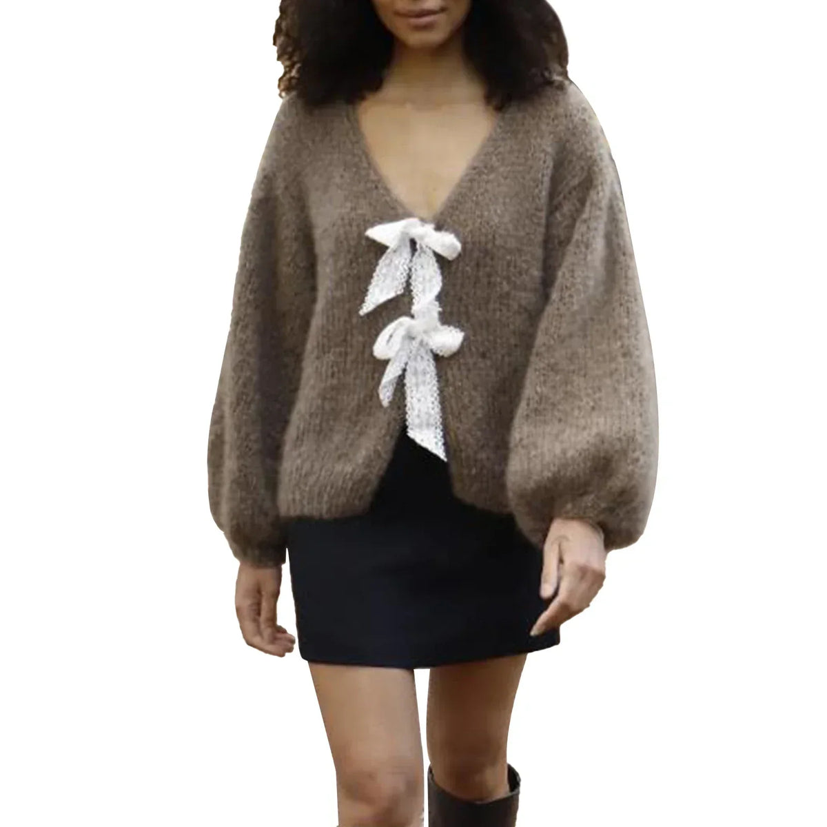 Fuzzy Knit Satin Bow Tie Front Balloon Sleeve Cardigan 8
