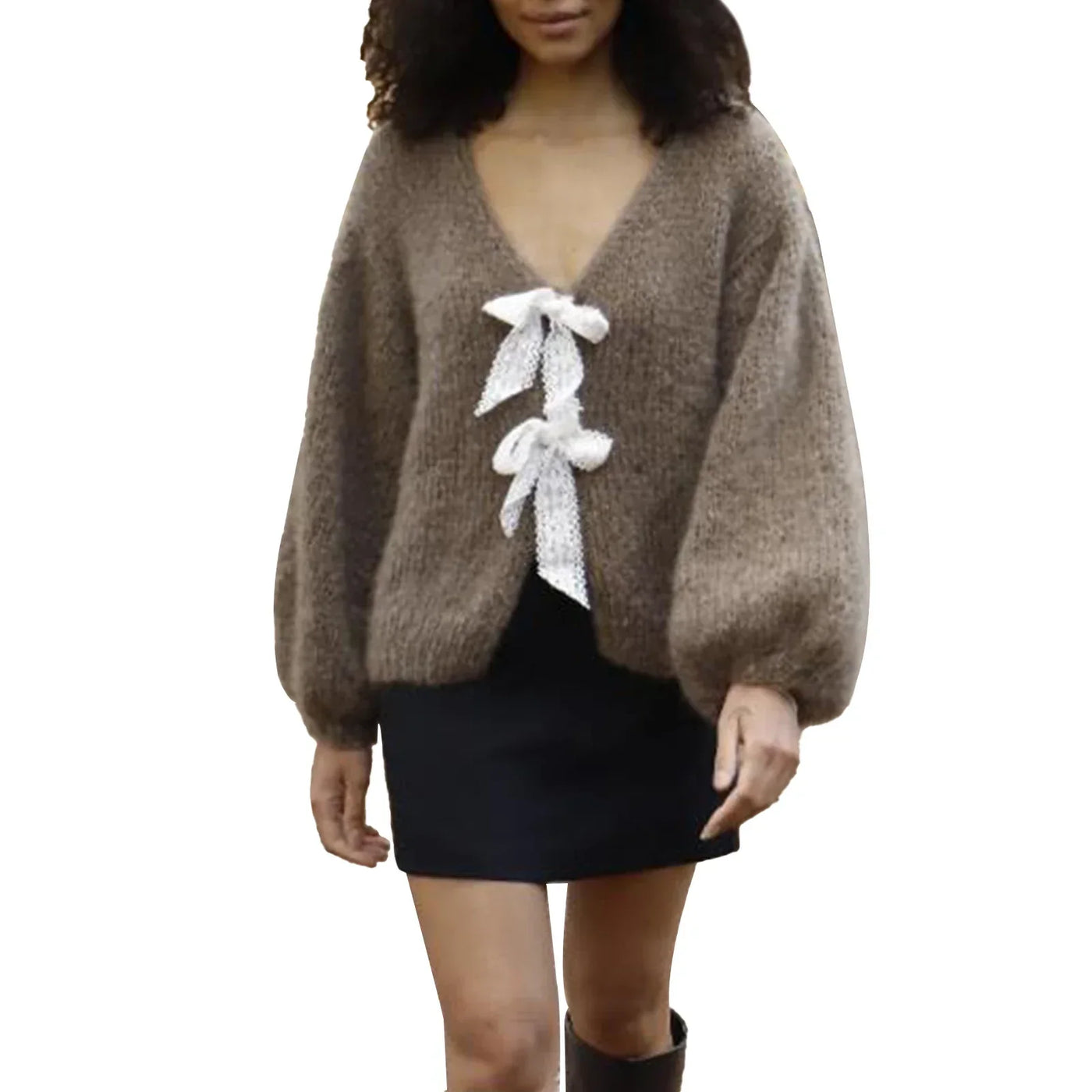 Satin Bow Tied V-Neck Cardigan Khaki / S Cardigan-241208