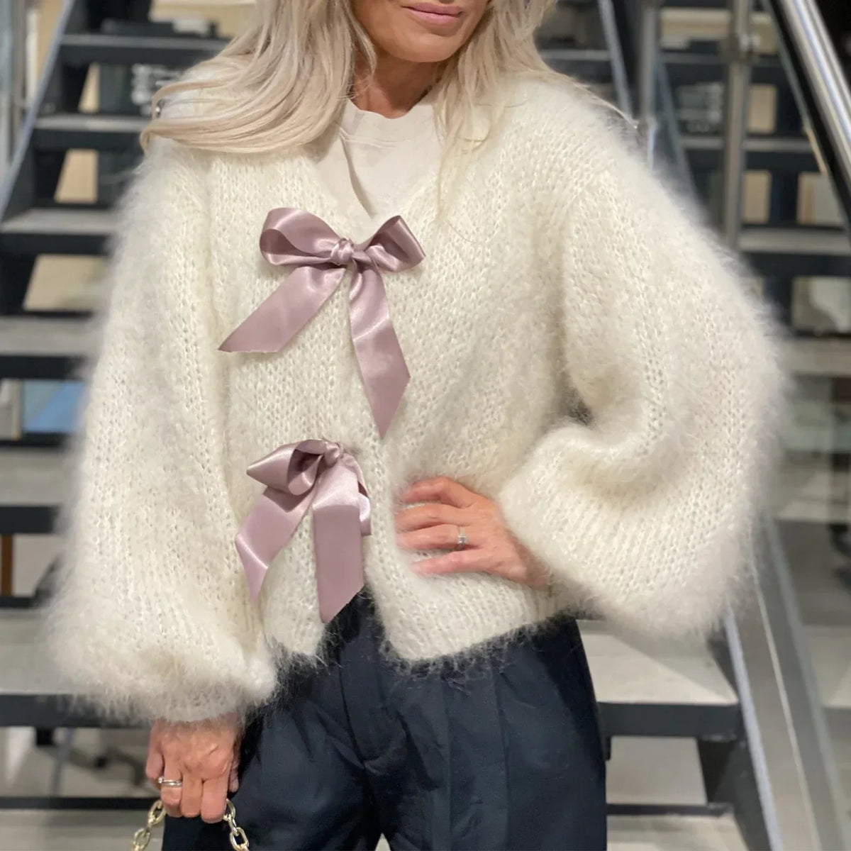 Fuzzy Knit Satin Bow Tie Front Balloon Sleeve Cardigan