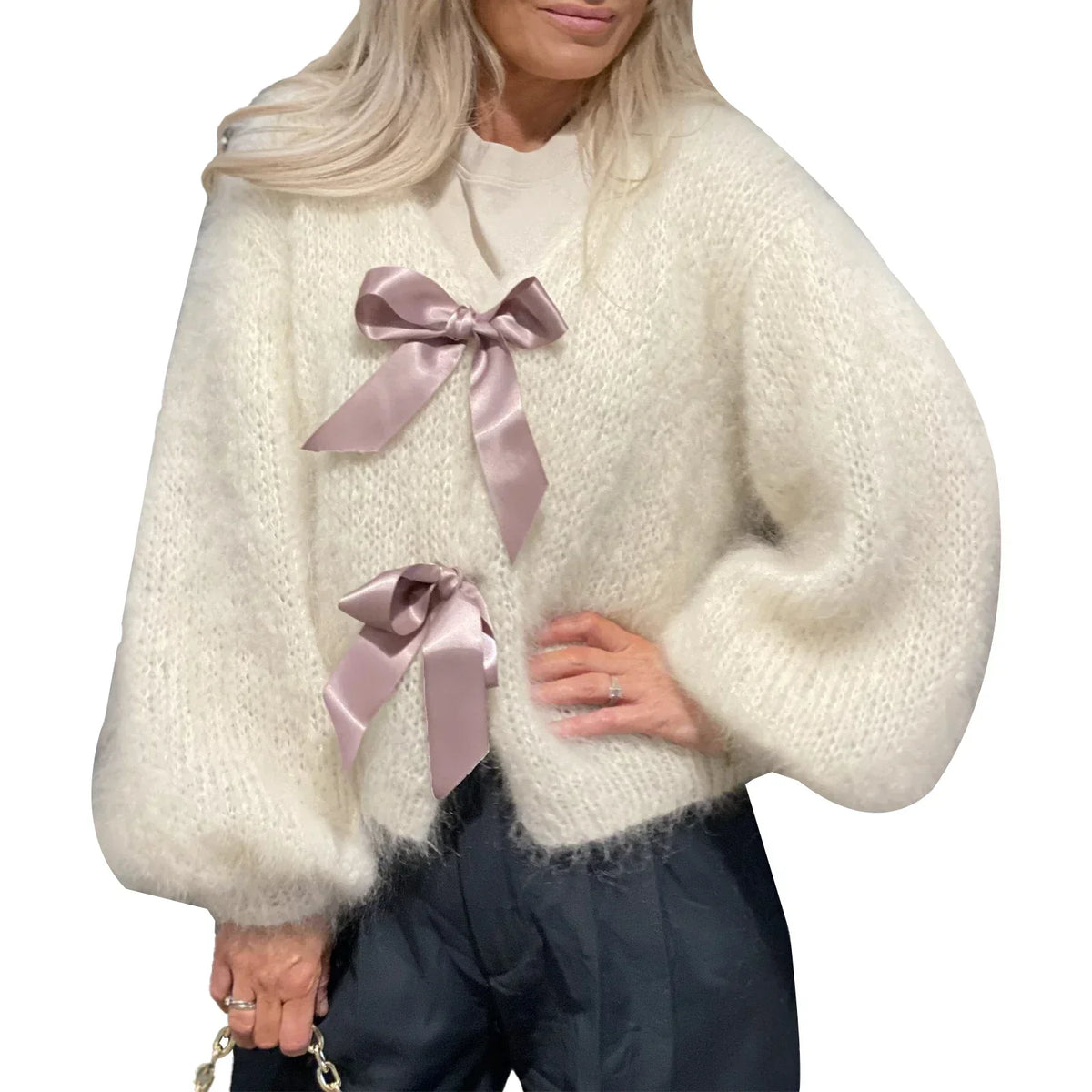 Fuzzy Knit Satin Bow Tie Front Balloon Sleeve Cardigan 10