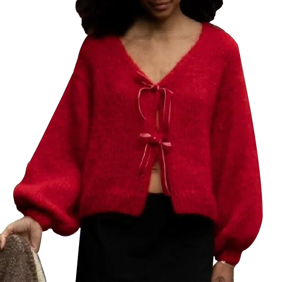 Fuzzy Knit Satin Bow Tie Front Balloon Sleeve Cardigan 9