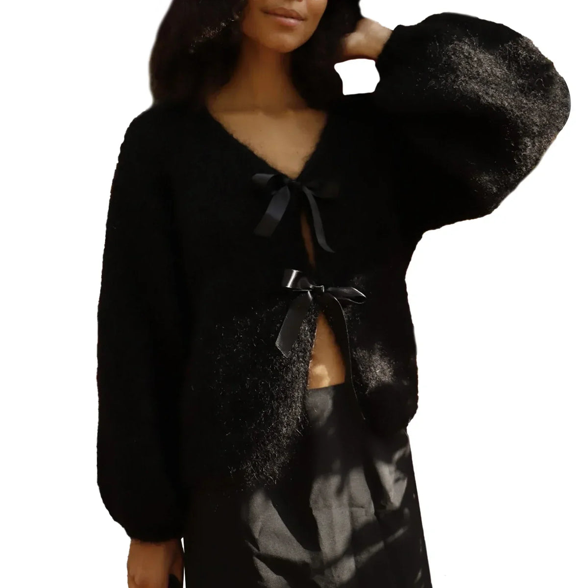 Fuzzy Knit Satin Bow Tie Front Balloon Sleeve Cardigan 7