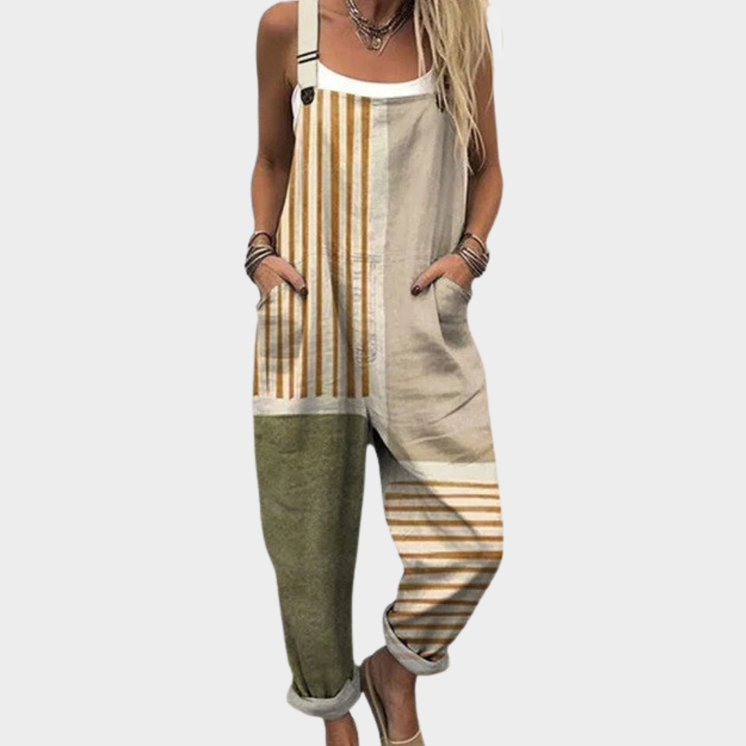 Striped Colorblock Sleeveless Pocket Overall Jumpsuit