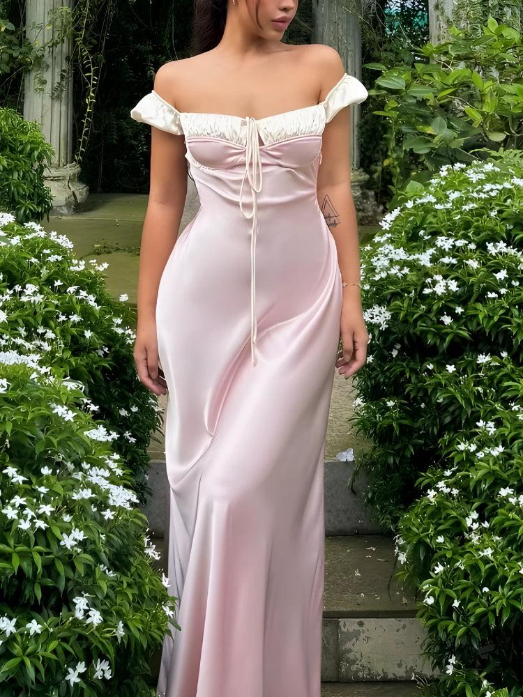 Satin Off Shoulder Ruched Bust Tie Front Maxi Dress 2