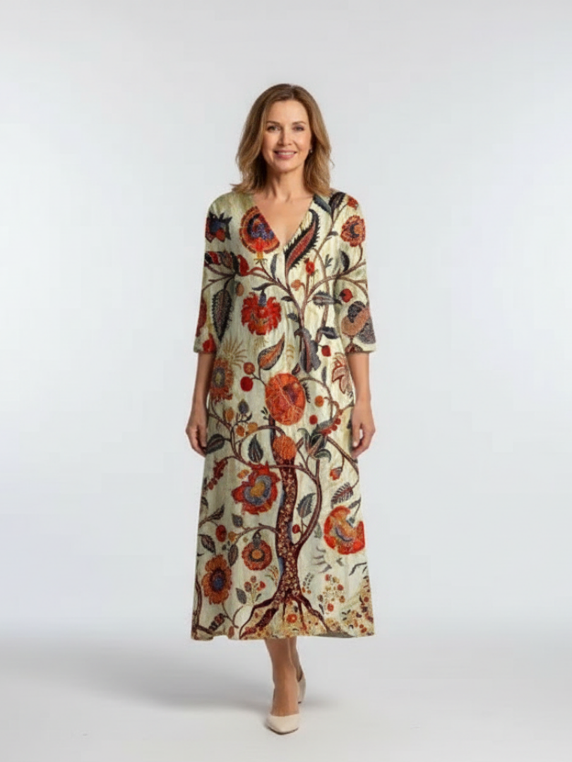 Floral Print V-Neck Three Quarter Sleeve Maxi Dress