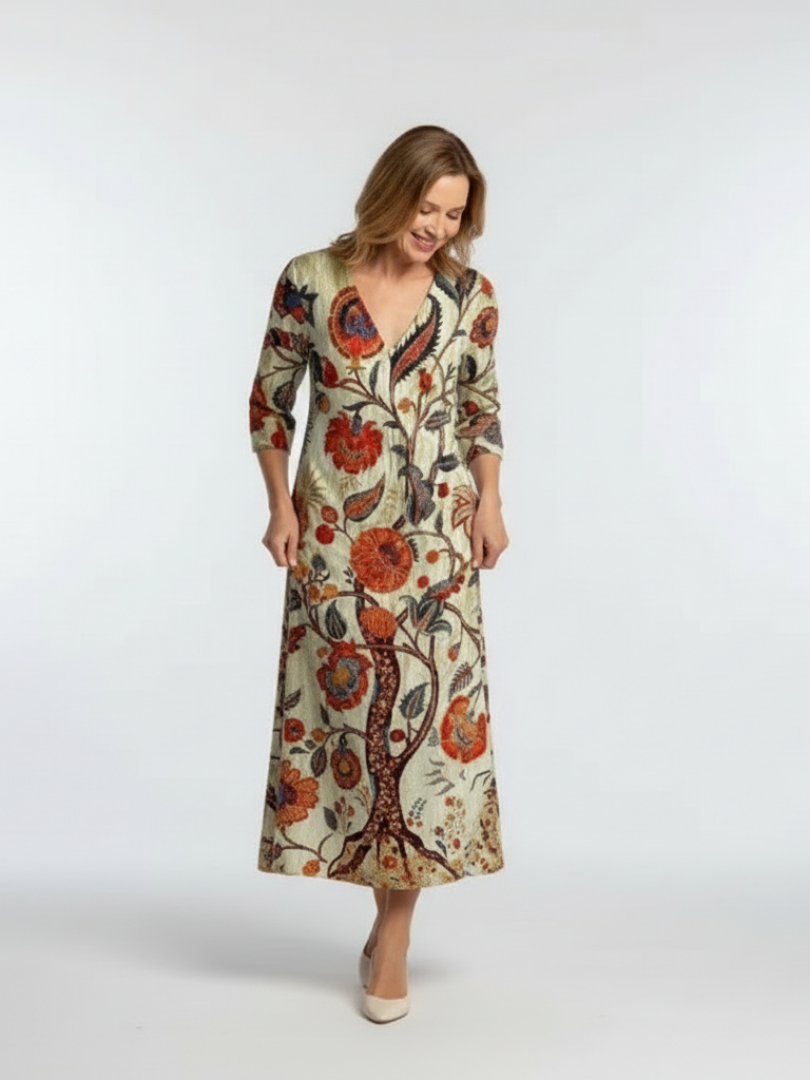 Floral Print V-Neck Three Quarter Sleeve Maxi Dress
