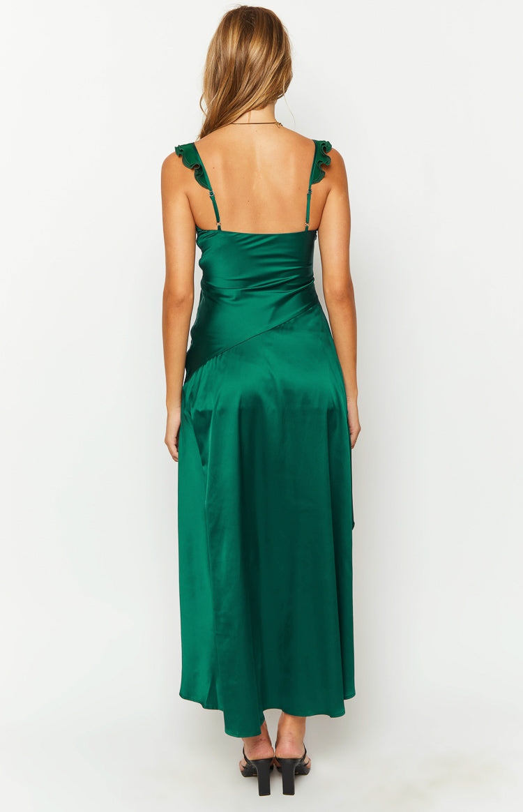 Satin V-Neck Ruffle Strap Asymmetric Hem High Split Maxi Dress 4