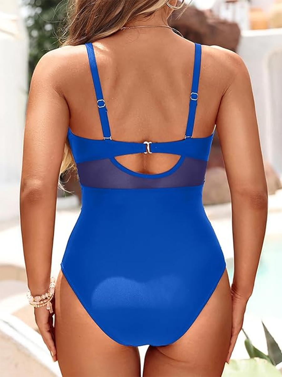Cross Front Mesh Cut Out One Piece Swimsuit