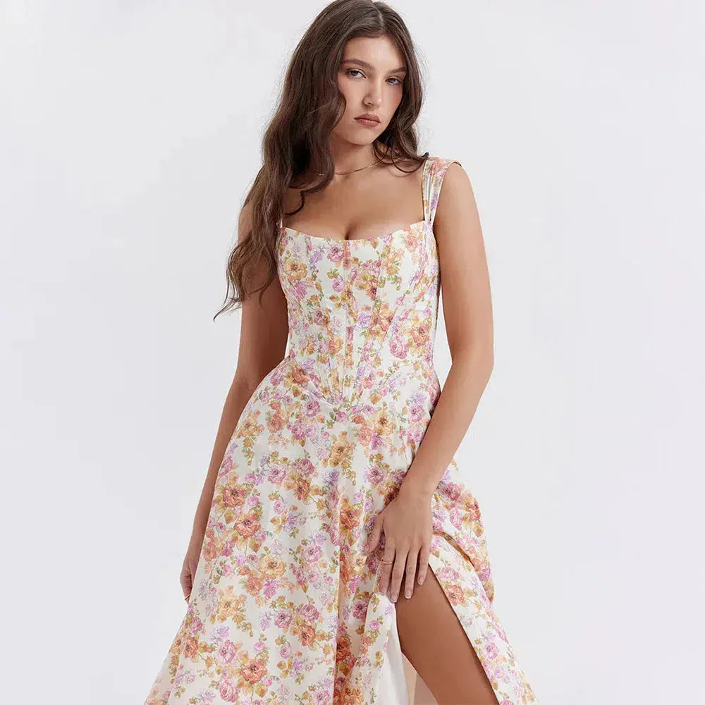 Cottagecore Floral Corset Midi Dress