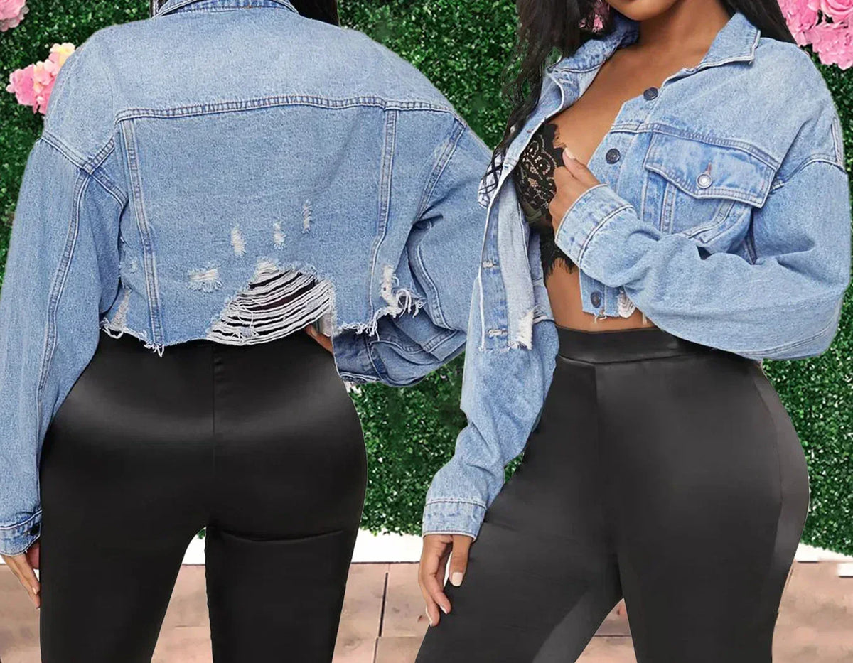 Distressed Raw Hem Button Front Flap Pocket Cropped Denim Jacket 3