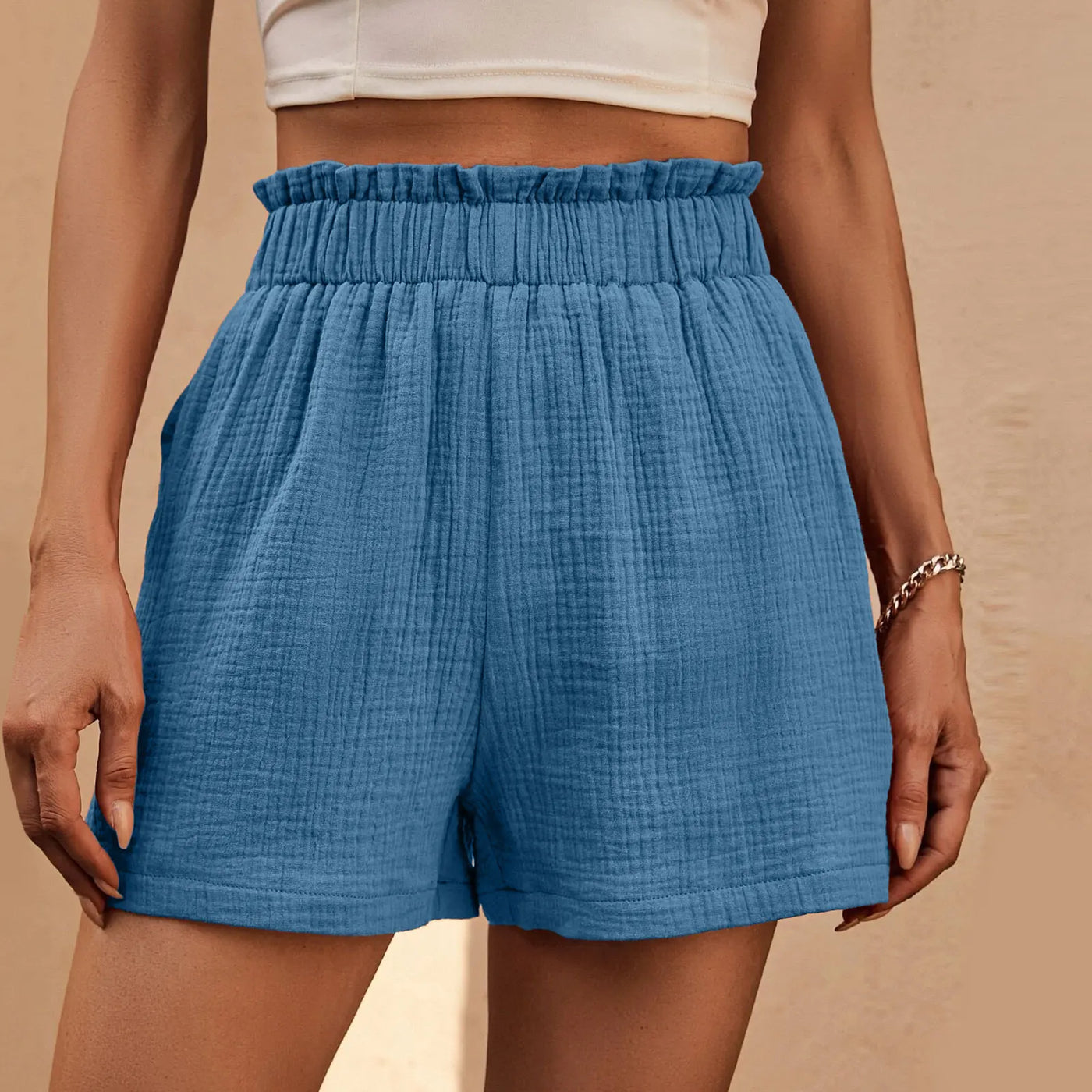 Cotton Double Layered Pleats Hem Straight Leg High Waist Sports Short Sky Blue / S