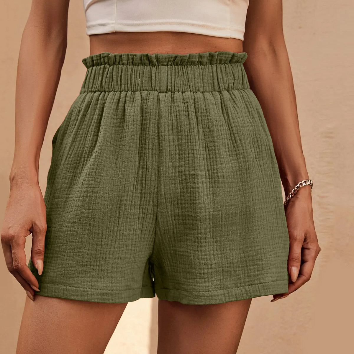 Crinkle Textured Paperbag Elastic High Waist Pocket Shorts 8
