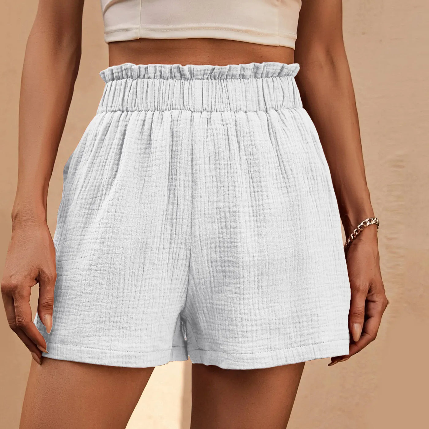 Cotton Double Layered Pleats Hem Straight Leg High Waist Sports Short White / S
