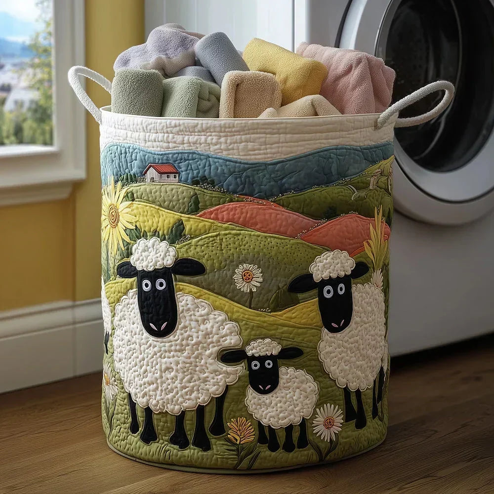 Floral Embroidered Quilted Storage Laundry Basket