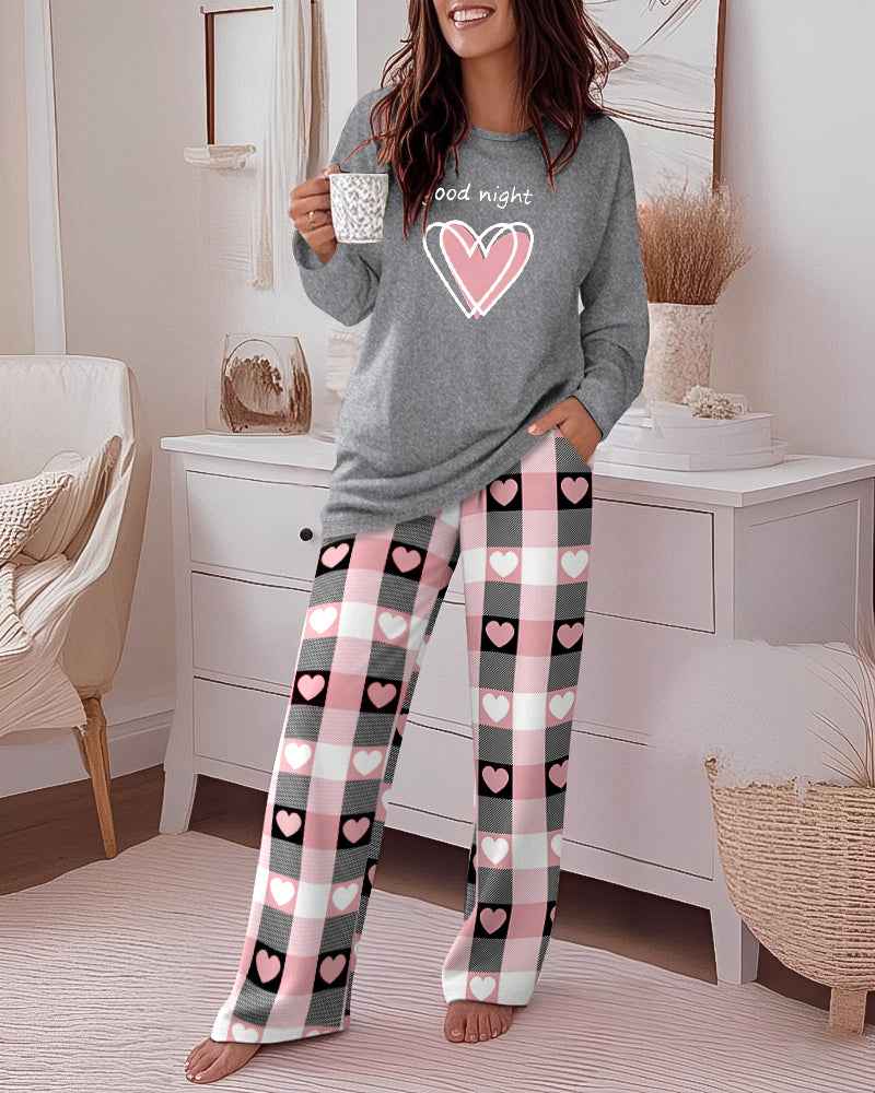 Multicolor Pajama Set Heart Print Cozy Sleepwear With Plaid Pants Relaxed Fit All Day Comfort
