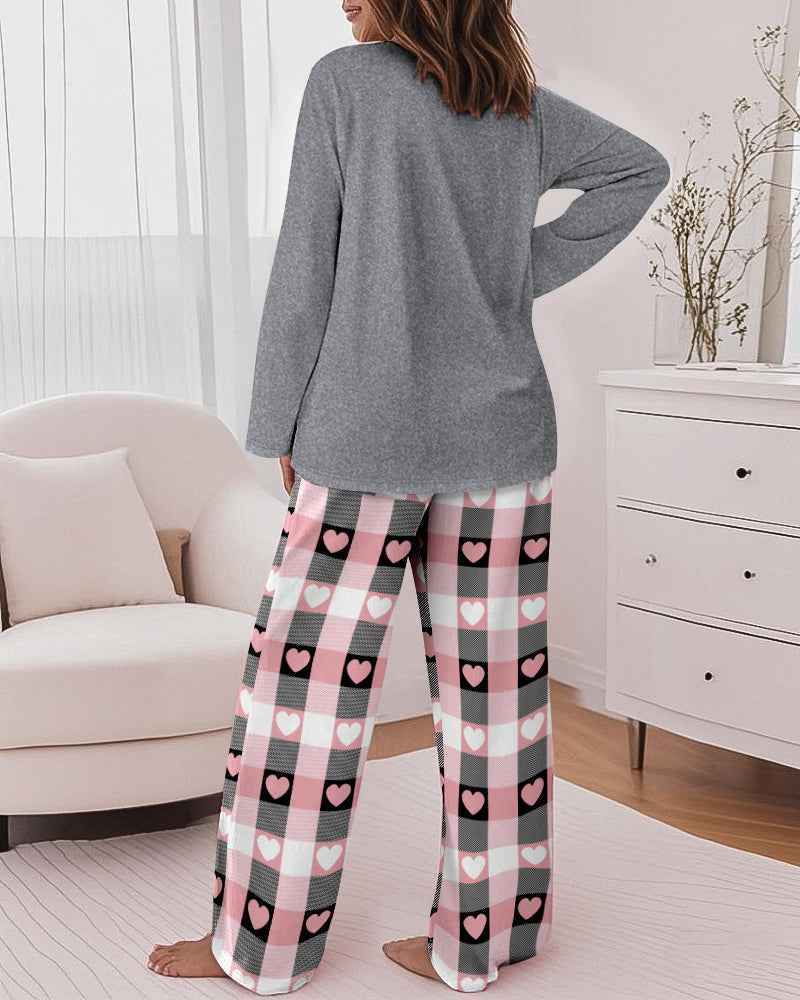 Multicolor Pajama Set Heart Print Cozy Sleepwear With Plaid Pants Relaxed Fit All Day Comfort