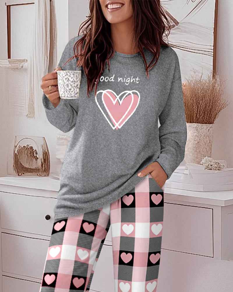 Multicolor Pajama Set Heart Print Cozy Sleepwear With Plaid Pants Relaxed Fit All Day Comfort