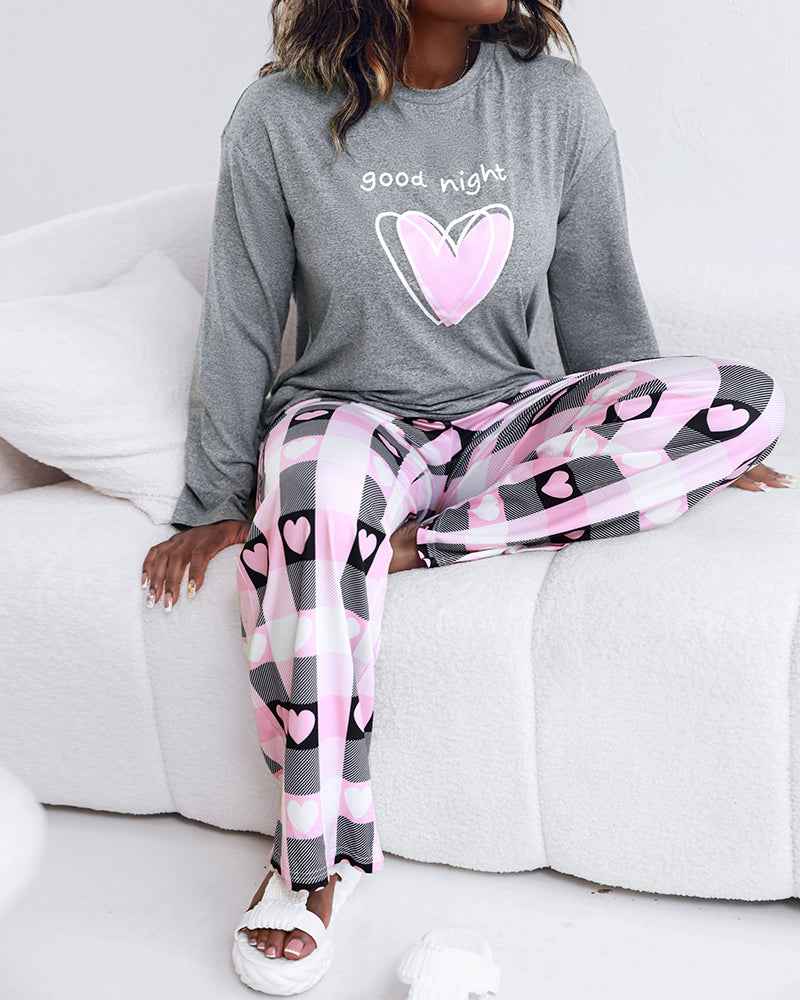 Multicolor Pajama Set Heart Print Cozy Sleepwear With Plaid Pants Relaxed Fit All Day Comfort