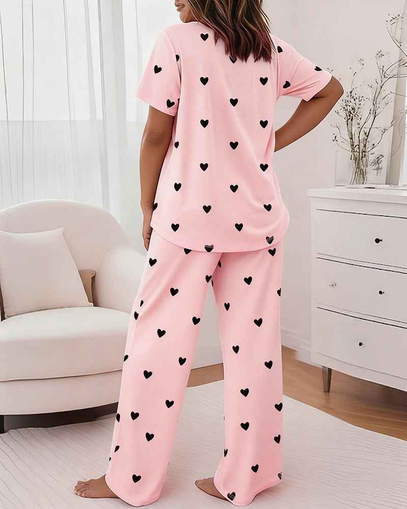 Multi Pajama Set Heart Print Polyester Elastane