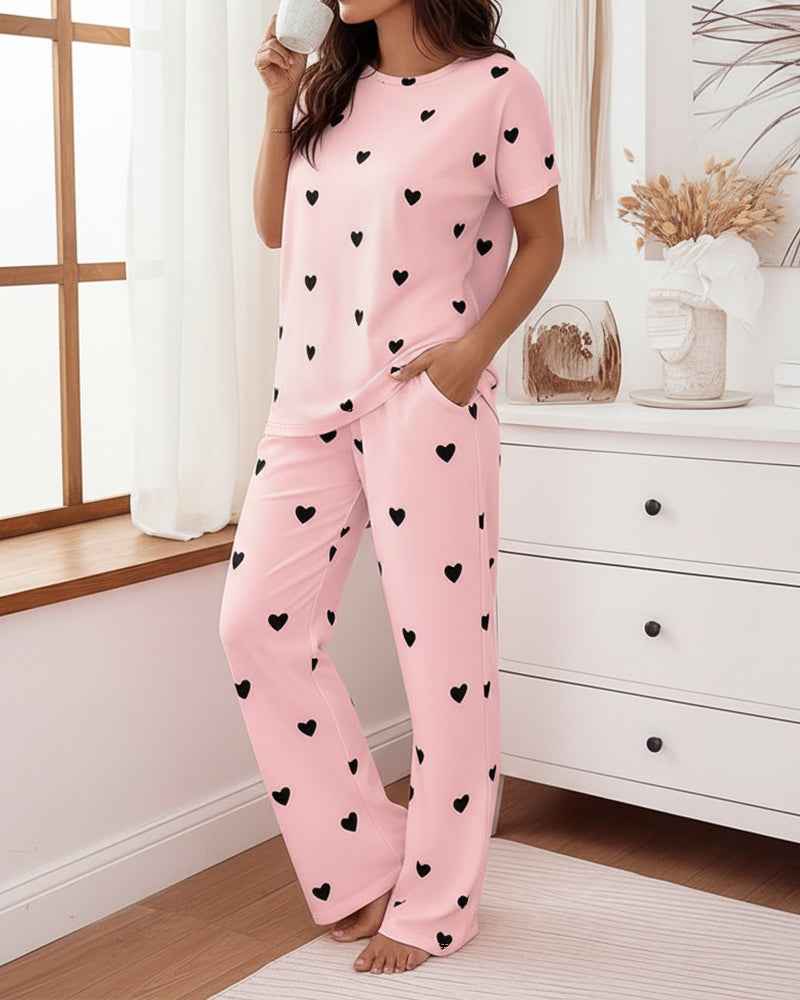 Multi Pajama Set Heart Print Polyester Elastane