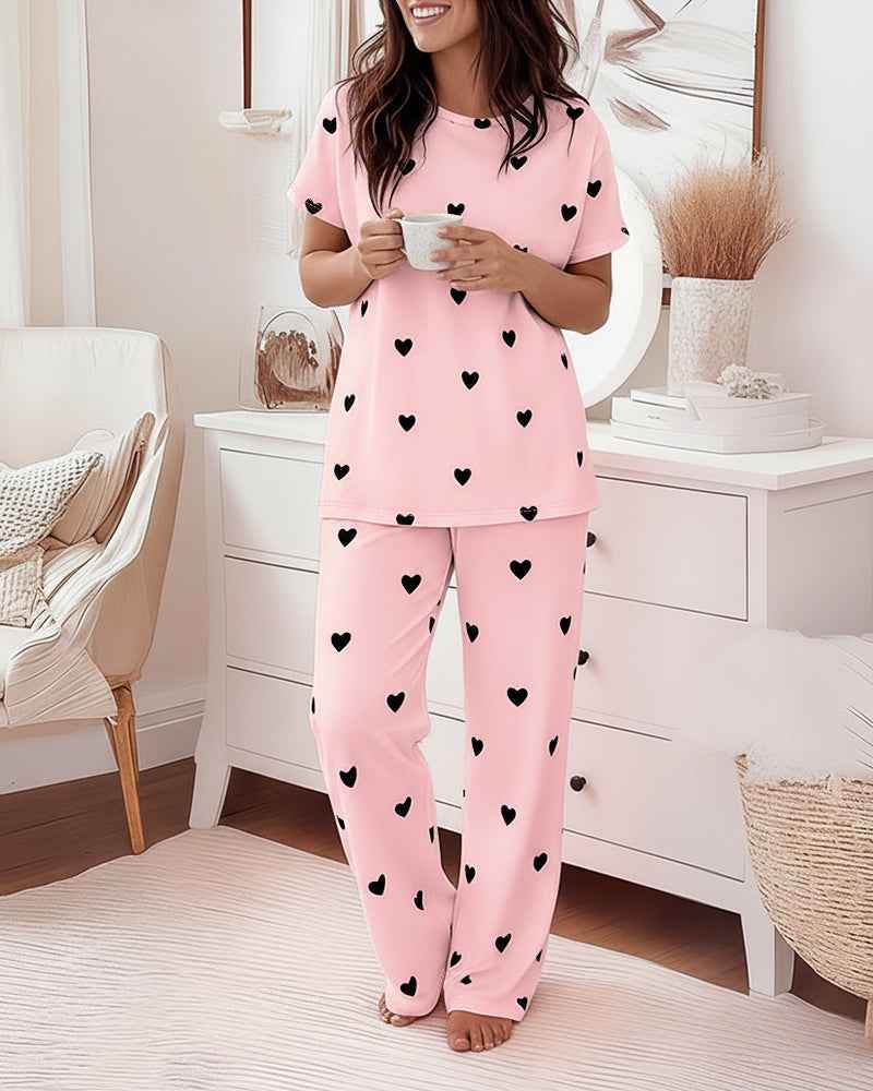 Multi Pajama Set Heart Print Polyester Elastane