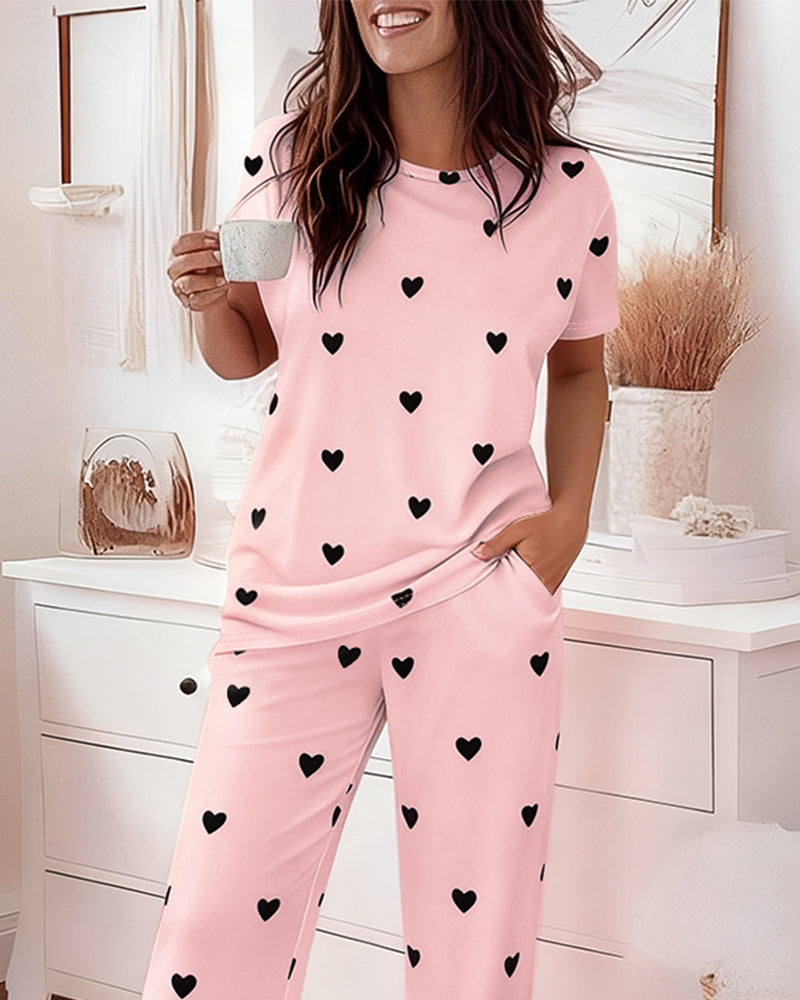 Multi Pajama Set Heart Print Polyester Elastane