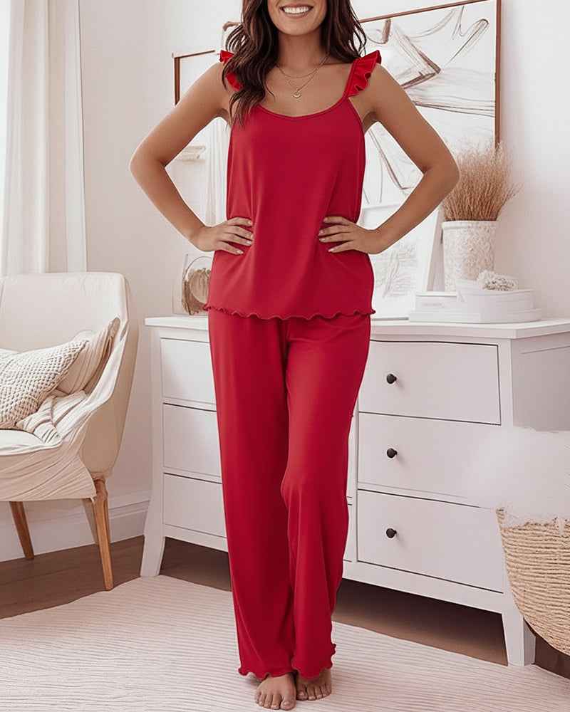 Women's Frill Trim Pajama Set with Pockets | Soft & Comfortable Sleepw