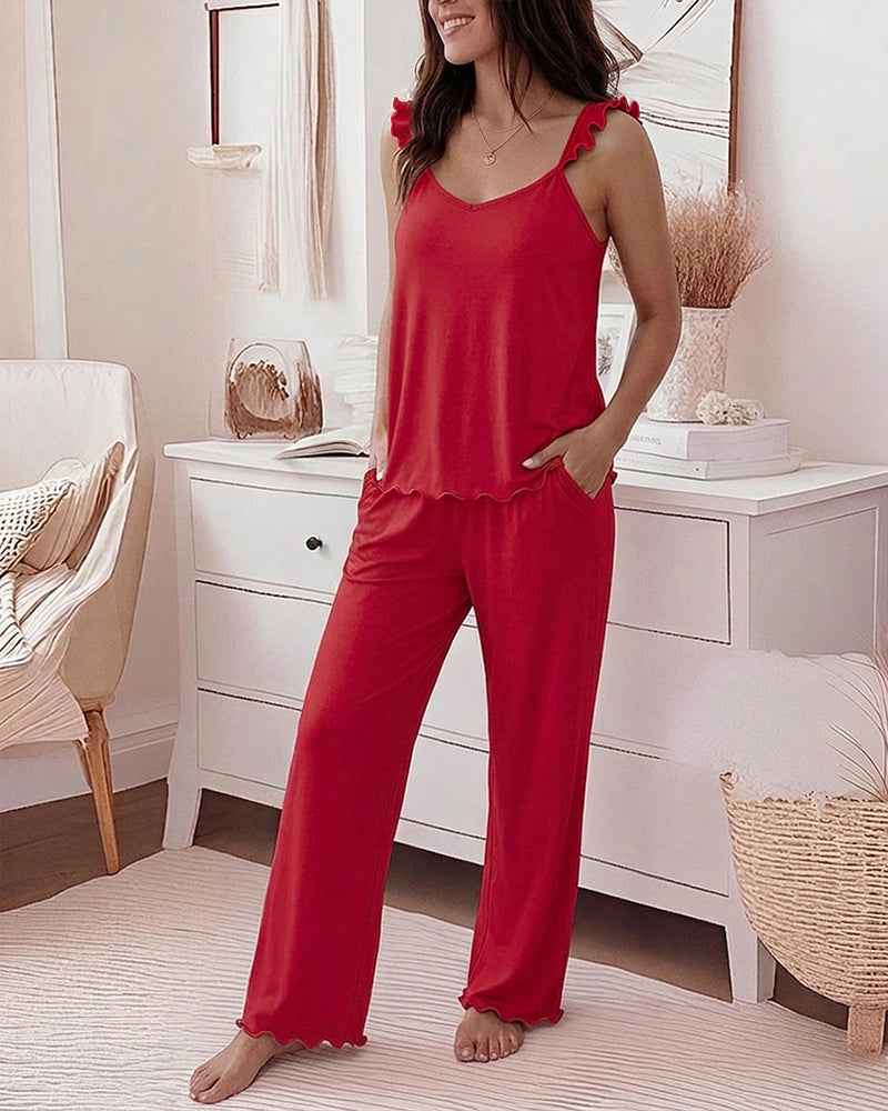 Women's Frill Trim Pajama Set with Pockets | Soft & Comfortable Sleepw