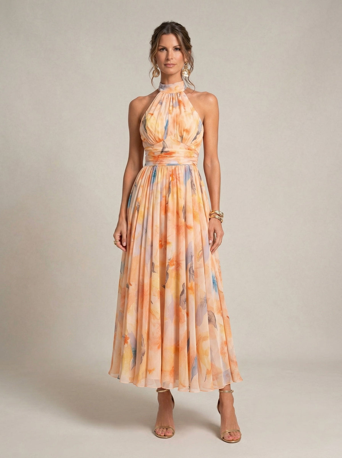 Floral Print Halter Neck Ruched Waist Chiffon Maxi Gown