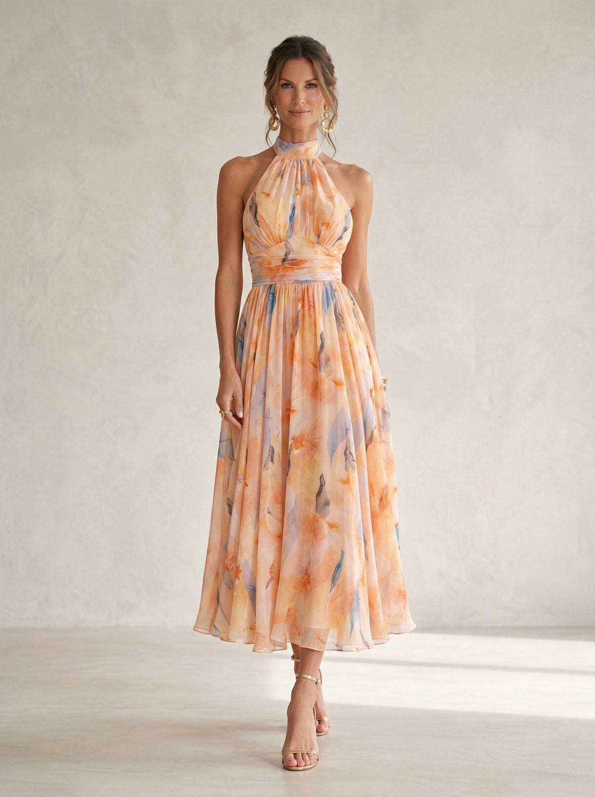 Floral Print Halter Neck Ruched Waist Chiffon Maxi Gown