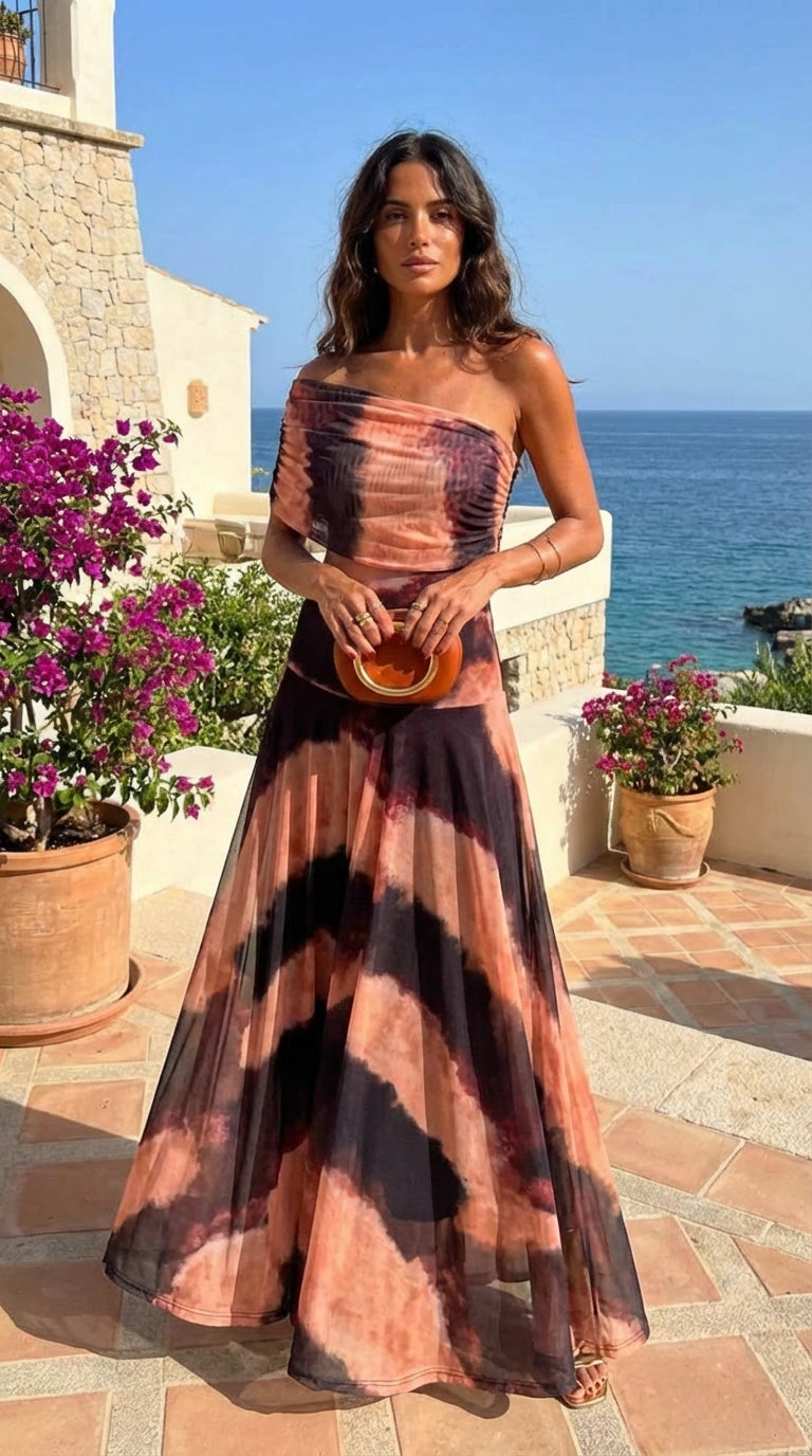 Tie Dye Print Off Shoulder Crop Top and Maxi Skirt Two Piece Set