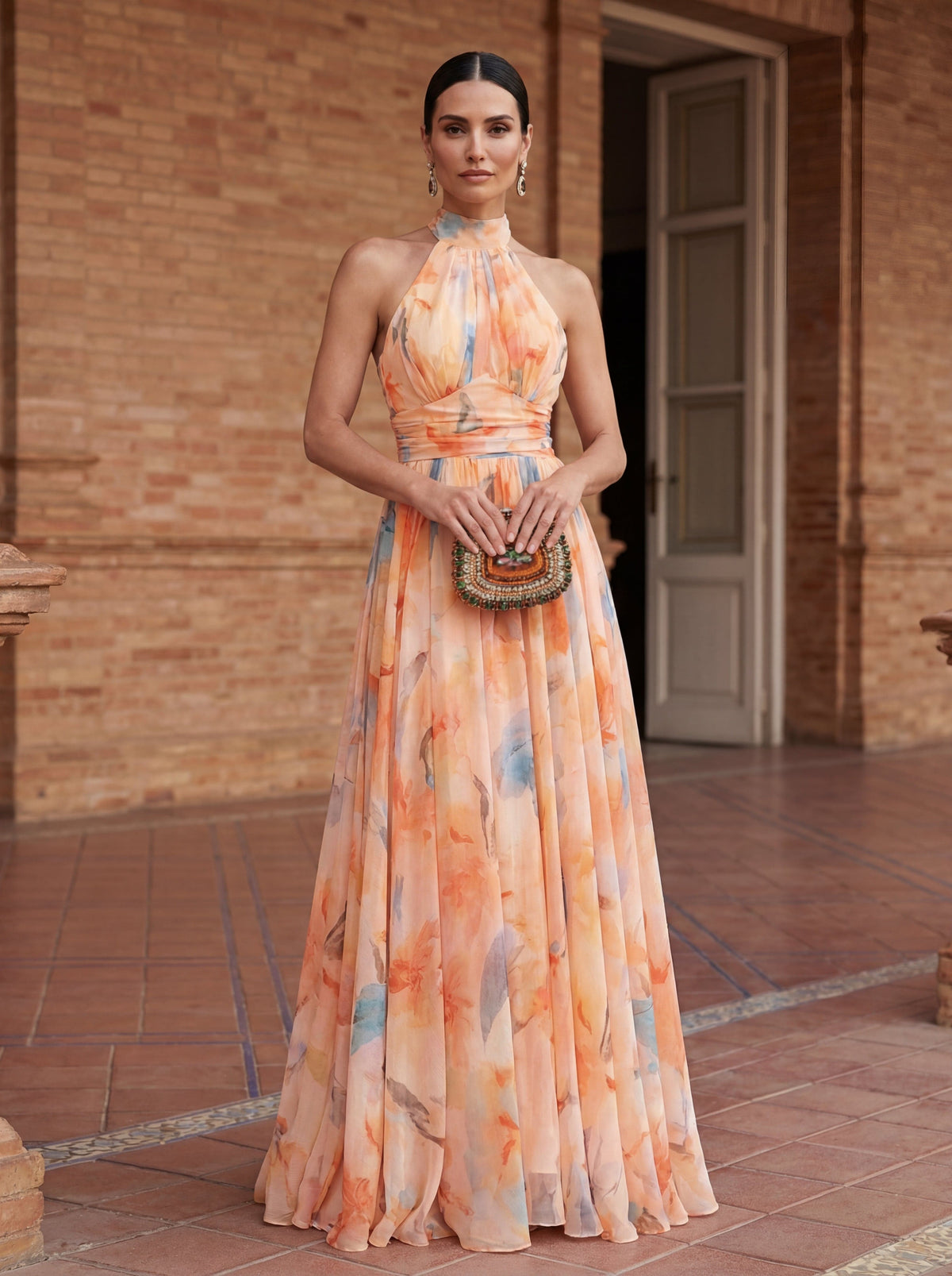 Floral Print Halter Neck Ruched Waist Chiffon Maxi Gown