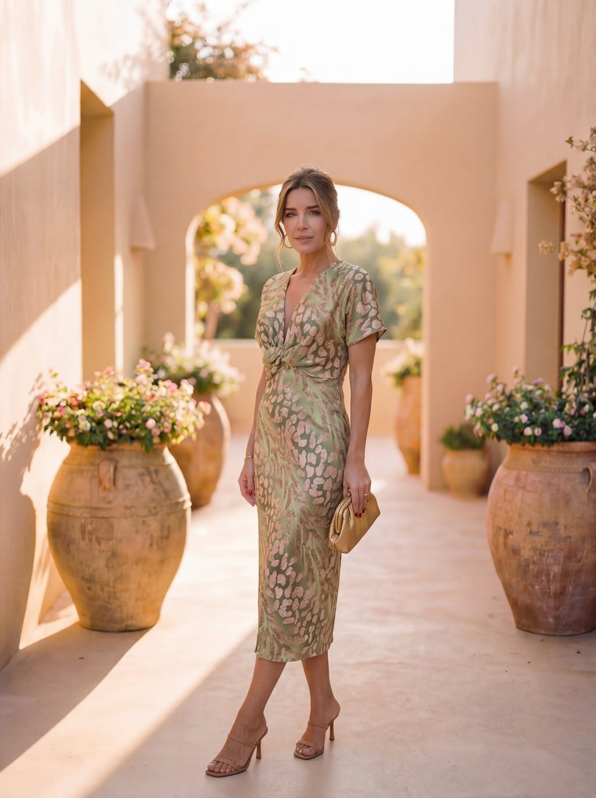 Animal Print Twist Front Deep V-Neck Short Sleeve Midi Dress