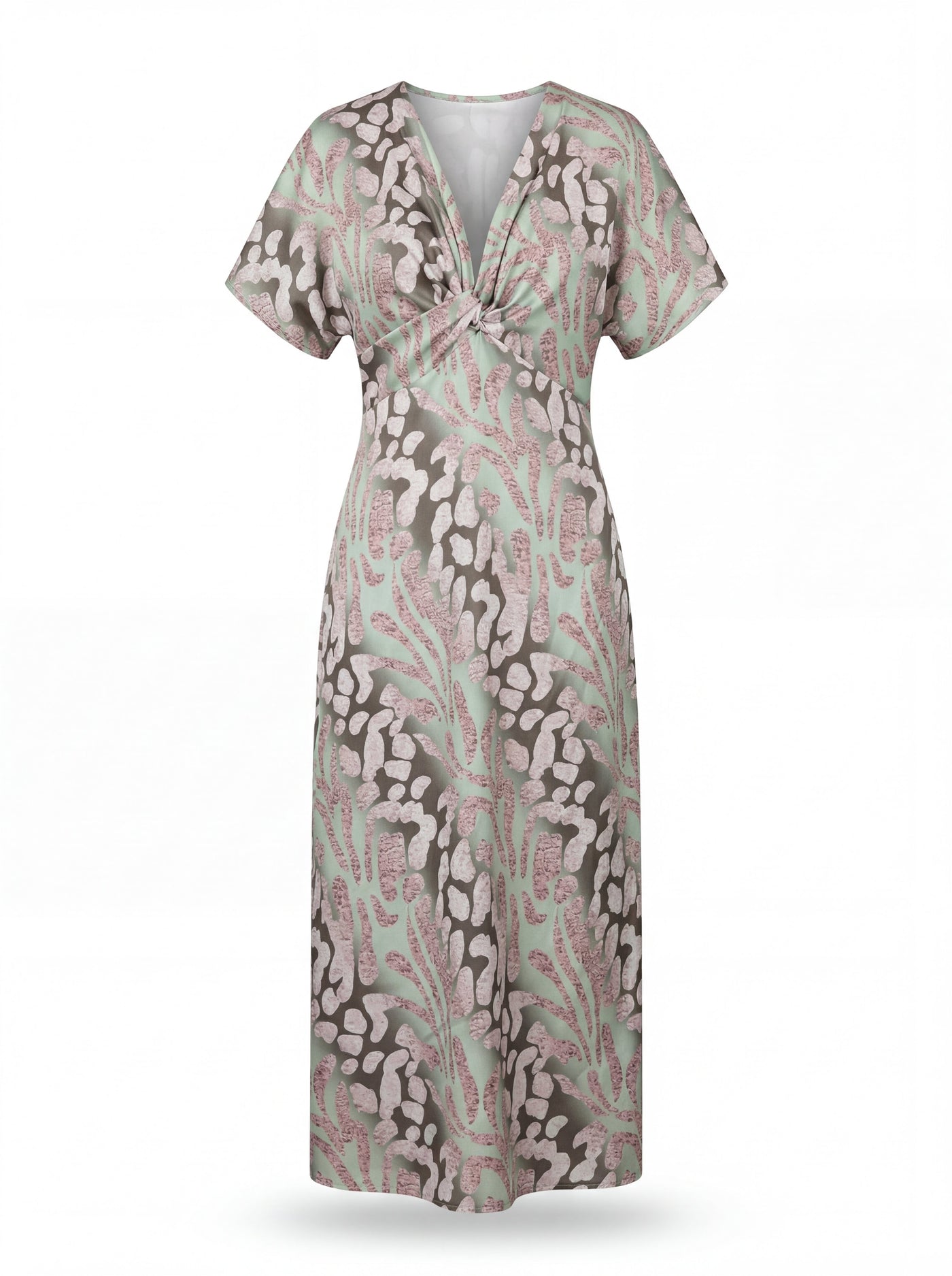 V-Neck Batwing Sleeve Twist Front Satin Midi Dress 4