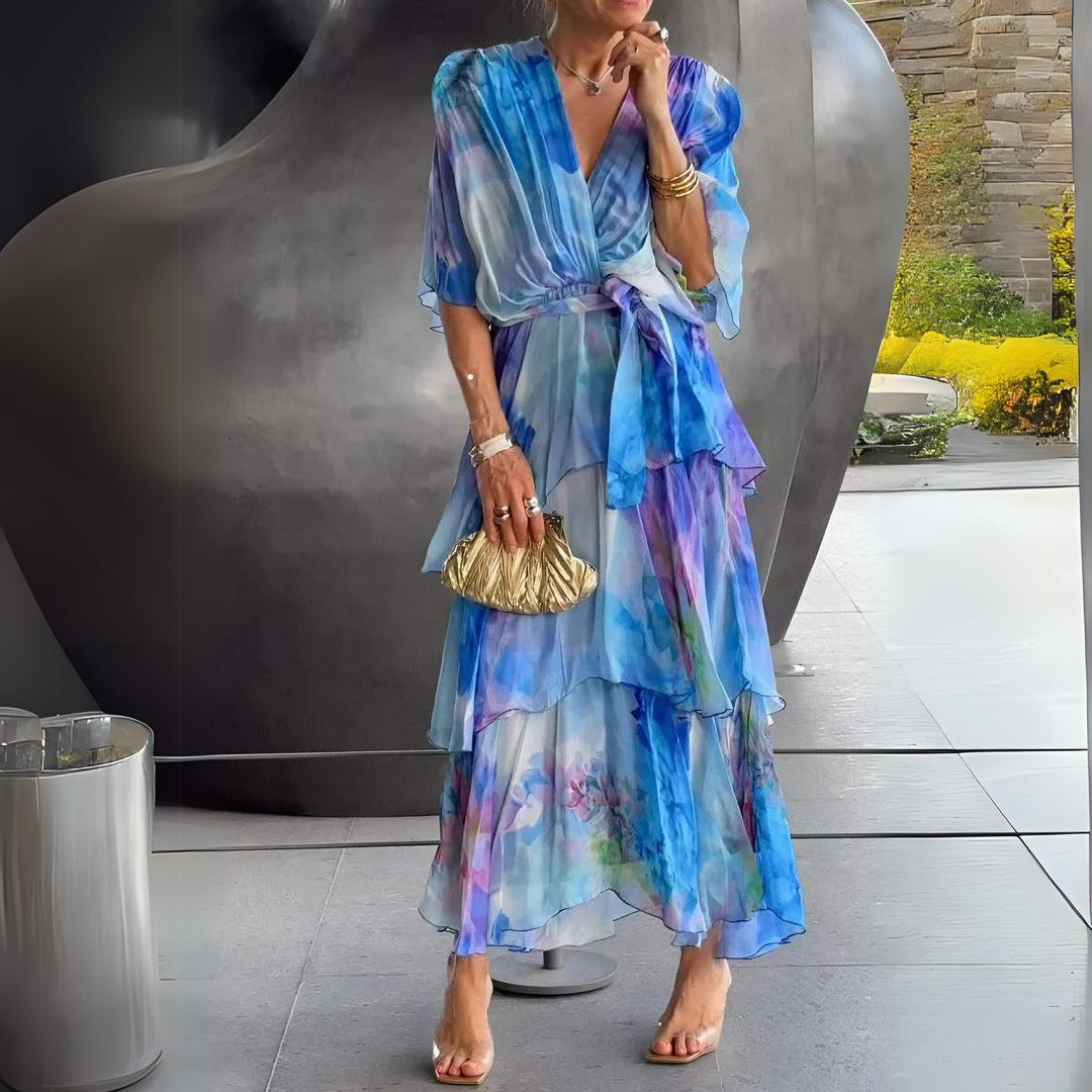 Diana | Stunning V-Neck Dress Blue Print