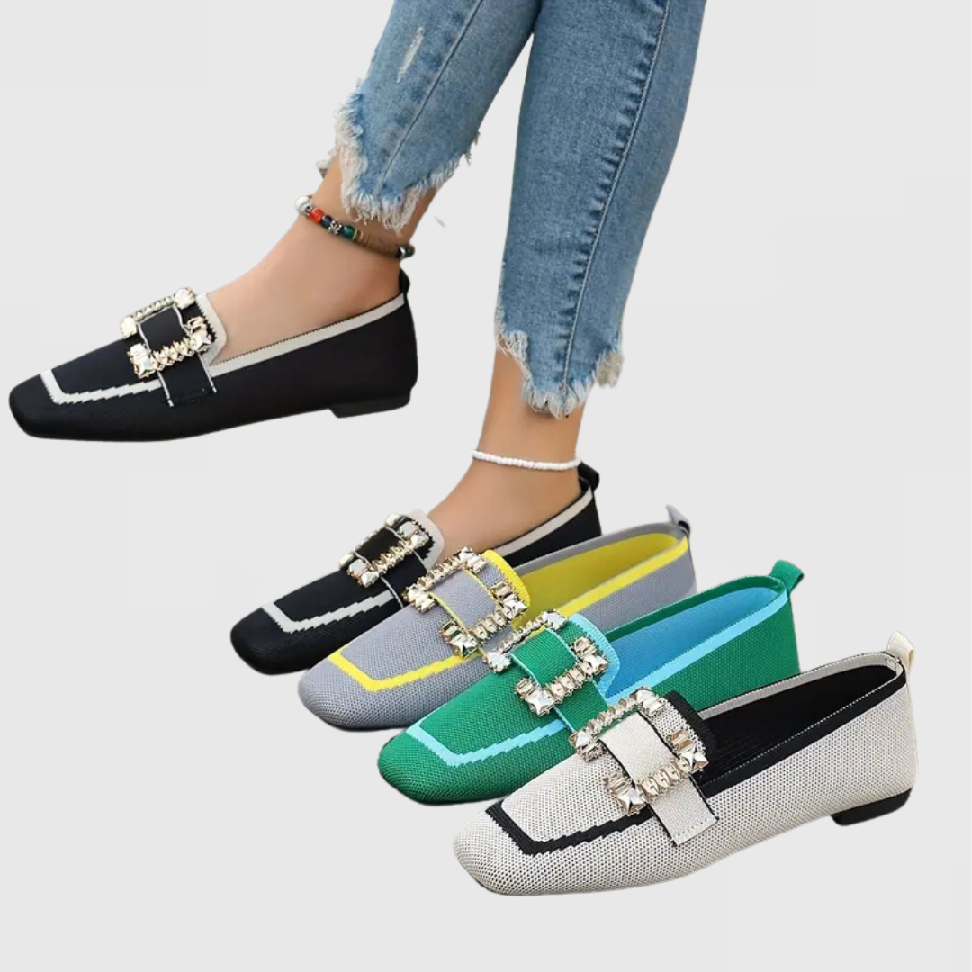 Square Toe Rhinestone Buckle Knit Flat Loafers