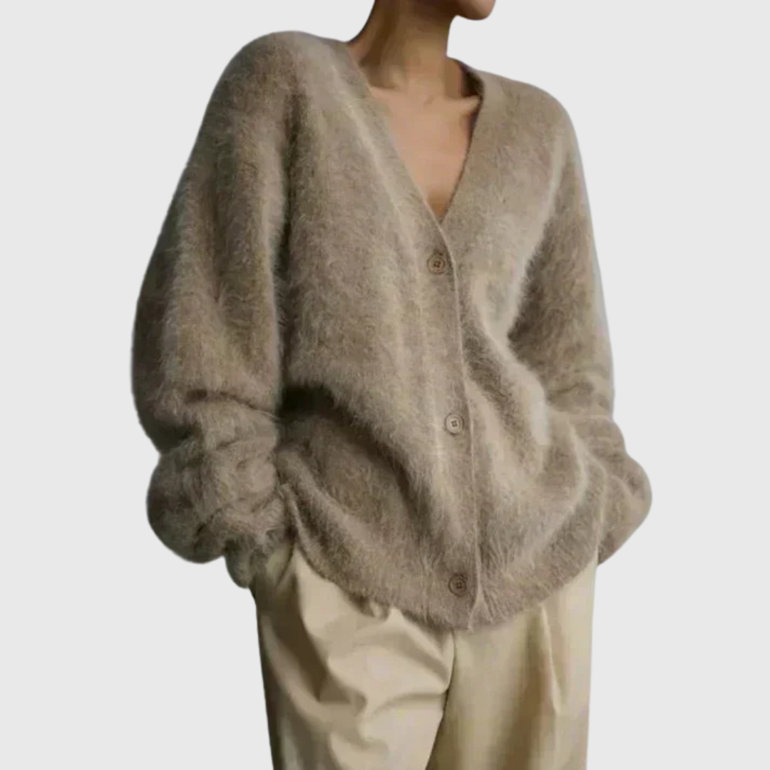 V-Neck Button Front Fuzzy Knit Oversized Cardigan