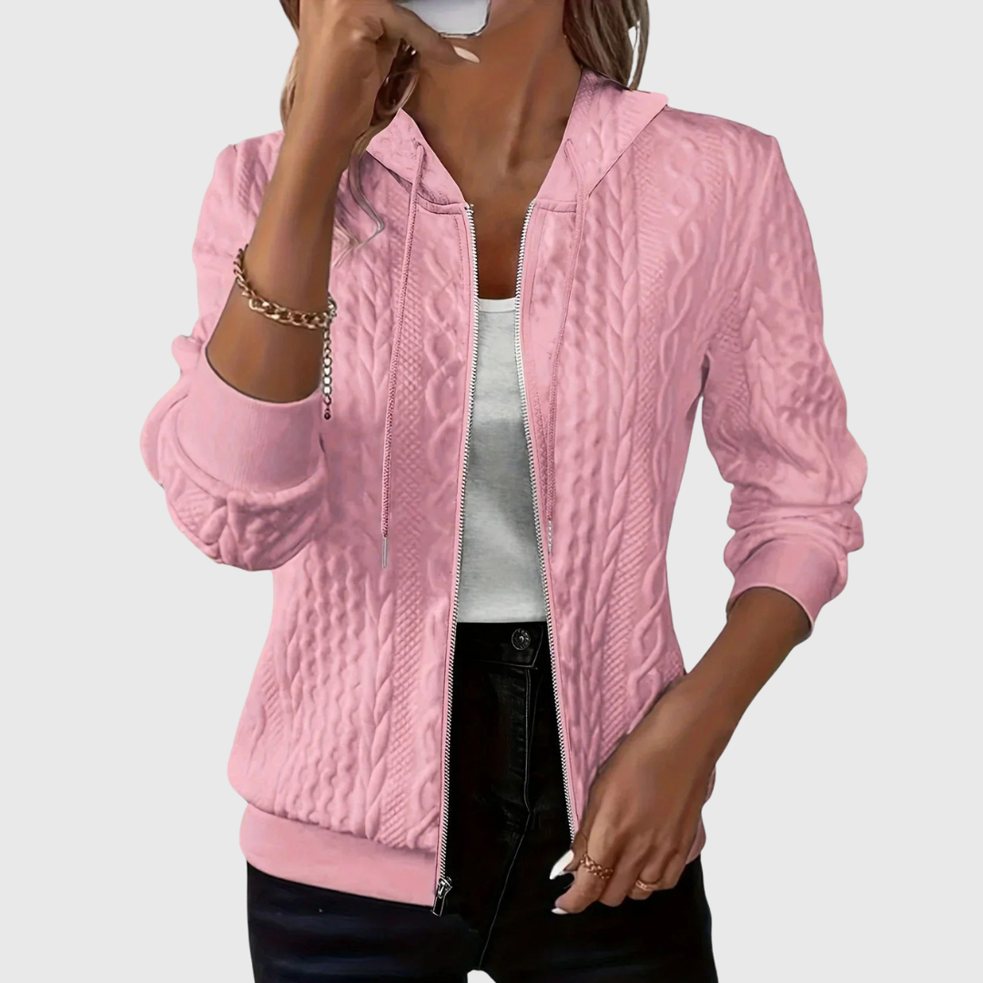 Cable Textured Zip Front Drawstring Hooded Jacket