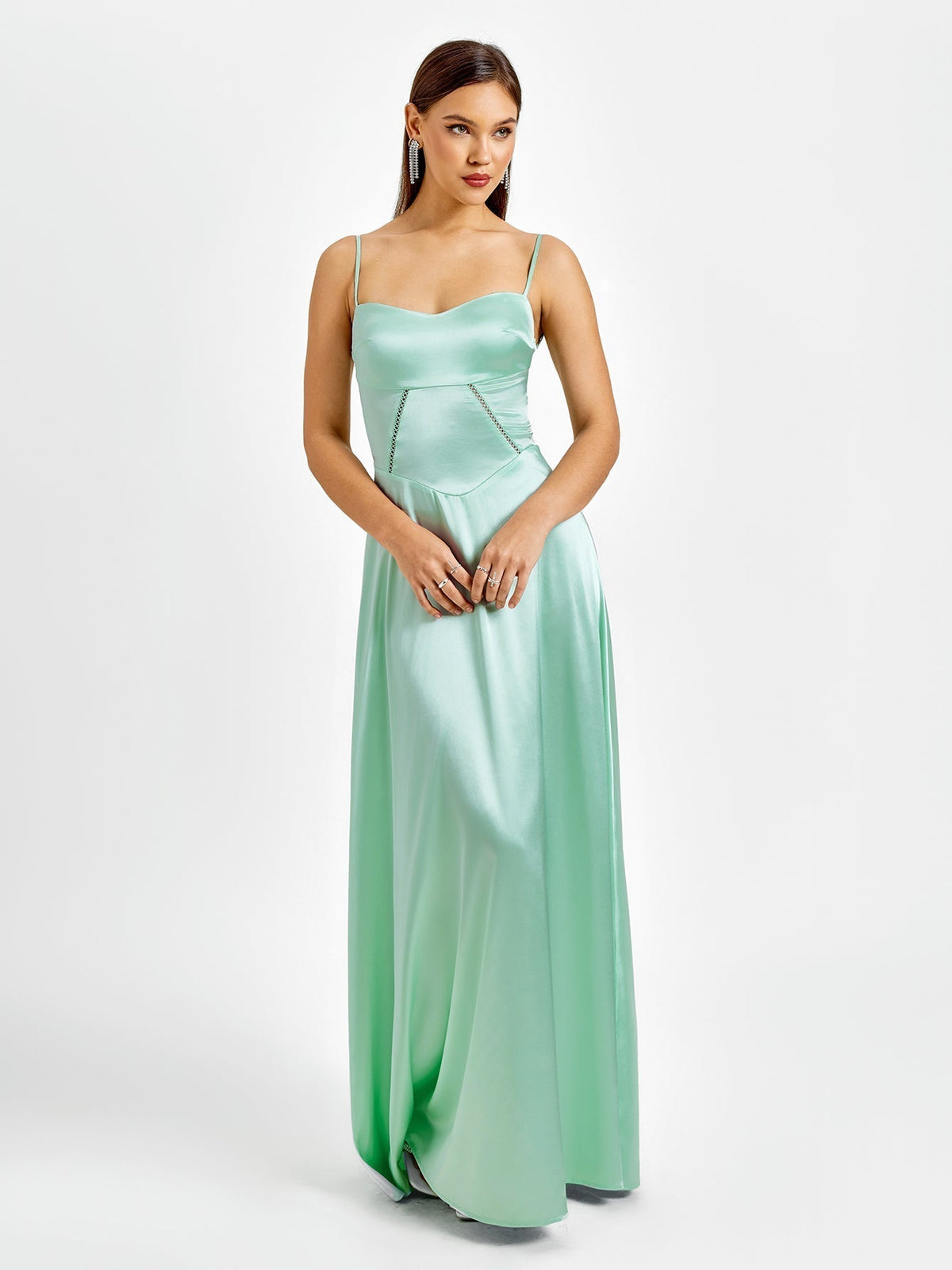 Satin Sweetheart Neck Spaghetti Strap Corset Bodice A-Line Maxi Dress
